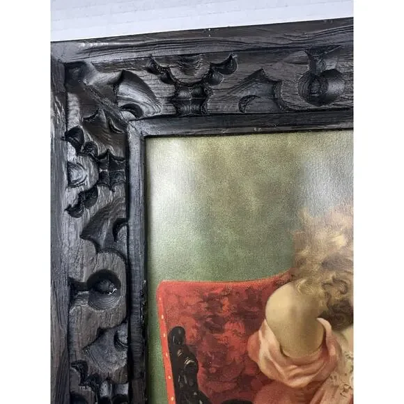 Vintage Victorian Lithograph Boy & Girl Print In Solid Wood Frame 20” X 24”